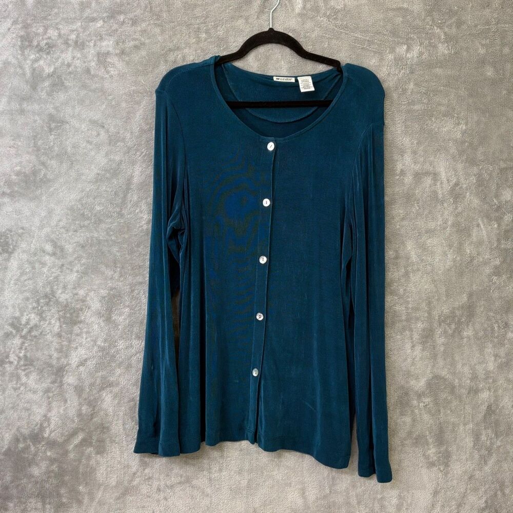 UNITS Teal Blue Slinky Knit Button Front Tunic Shirt women’s size L Travel +